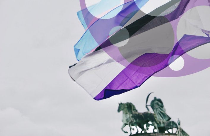 A budapesti Hősök terének egyik szobra előtt aszexuális és transz zászló lobog a szélben. A fotóra vetítve a Magyar Aszexuális Közösség logója látható.